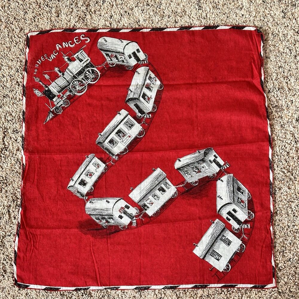 Vintage Scarf Train Locomotive Honeymoon Express Souvenir France Bonnes Vacances